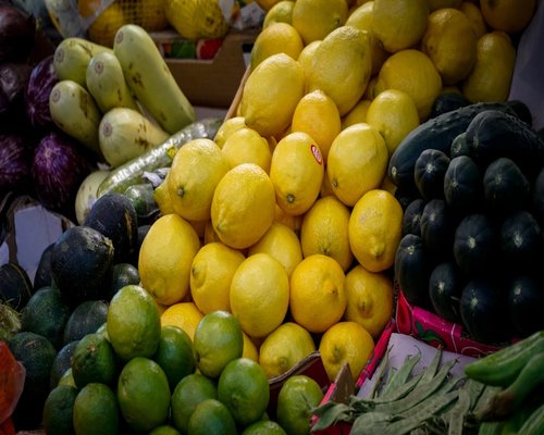 Variety of fresh Spanish vegetables on a market stall